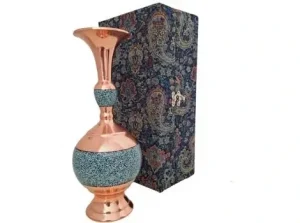 Handcrafted 25 cm turquoise-inlaid copper vase, standing view, Persian handicraft