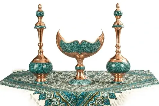 Turquoise inlay Persian vases and nut bowl set