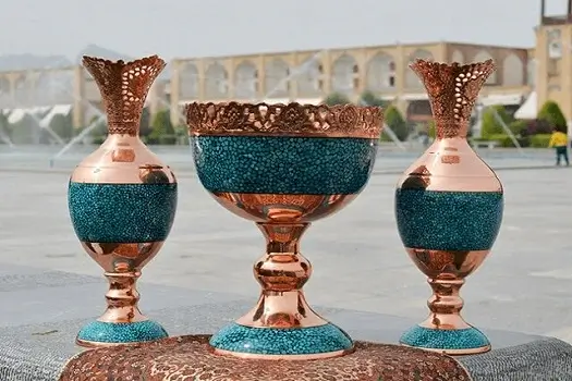 Two turquoise inlay vases and fruit bowl with Naqsh-e Jahan Square background