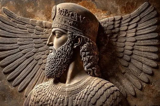 Stone relief of Faravahar, ancient Zoroastrian symbol from Persepolis, symbolizing divine protection and guidance