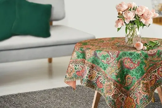 Yazd Termeh tablecloth with rose bouquet and decorative vase