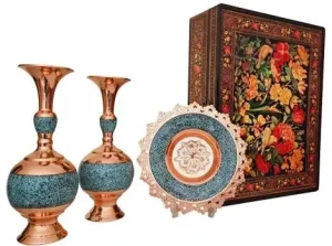 Persian Turquoise Inlay Gift Set – Two Vases and One Plate