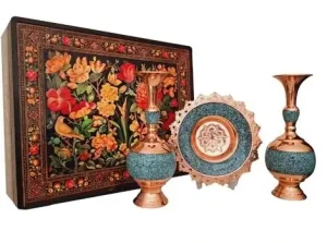 Handmade Turquoise Inlayed Persian Vases and Plate Set
