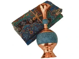 Turquoise Inlay Copper Vase and Termeh in Decorative Setting