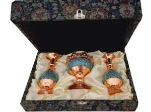 Turquoise Inlay Copper Vases and Nut Bowl in Gift Box – Top View