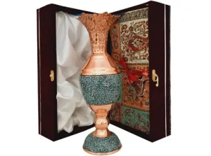 Sonboldan with turquoise inlay next to gift box containing Termeh
