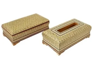 Khatam tissue box and cutlery chest set side by side