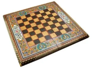 Angled view of Persian Khatam chess board with floral painting