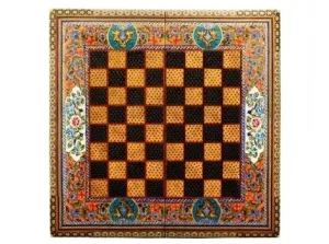 Top-down view of Persian chess board with Khatam design