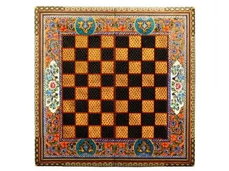 Top-down view of Persian chess board with Khatam design