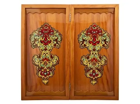 Open Persian backgammon board with hand-painted Gol-o-Morgh artwork