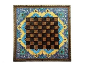 Top-down view of Persian Khatam chess board with Tazhib artwork