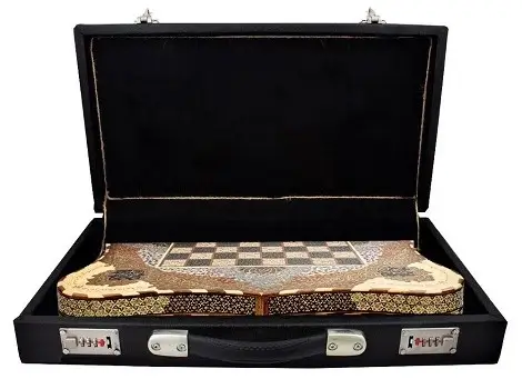 Open Persian Khatam game board inside carrying case