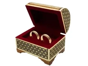 Open Persian Khatam ring box with velvet interior and ring holders