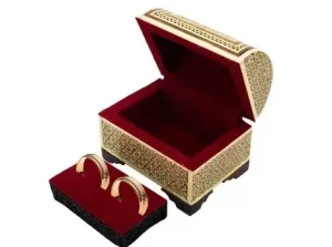 Persian Khatam ring box open with rings displayed on stands outside the box
