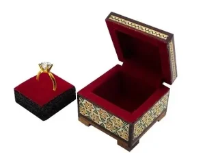 Persian Khatam ring box open with ring and stand placed outside
