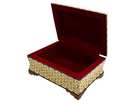 Open 10x14 Persian Khatam jewelry box with velvet lining