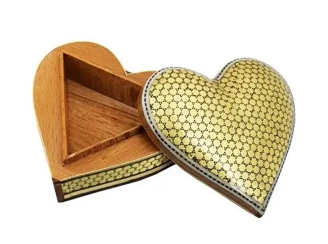 Empty heart-shaped Persian Khatam ring box with lid beside