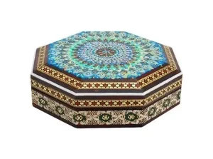 Angled view of closed Persian bracelet box with Khatam and Tazhib