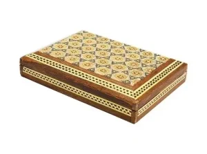 Angled view of Persian Khatam jewelry box for gold chain and earrings