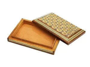 Open Khatam jewelry box with velvet interior for earrings and necklace