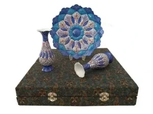 and-painted Minakari plate and enamel vases displayed outside the gift box