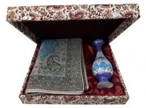 Minakari copper vase and folded Termeh cloth in open gift box