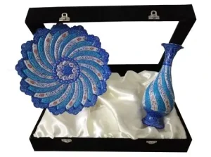 Minakari gift set with copper vase and 30 cm plate inside decorative box