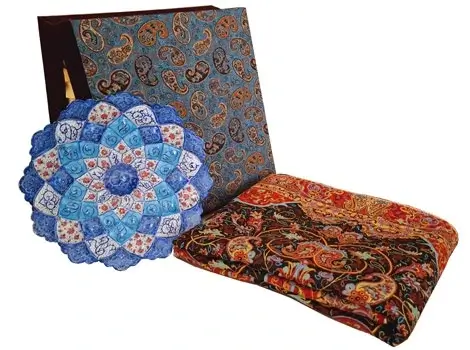 Yazd Termeh and Minakari plate displayed outside gift box