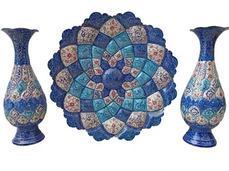 Hand-painted Minakari plate with two vases on white background