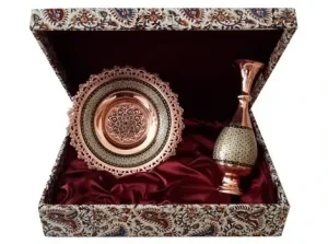 Copper vase and scalloped Khatam plate set – Persian handmade art
