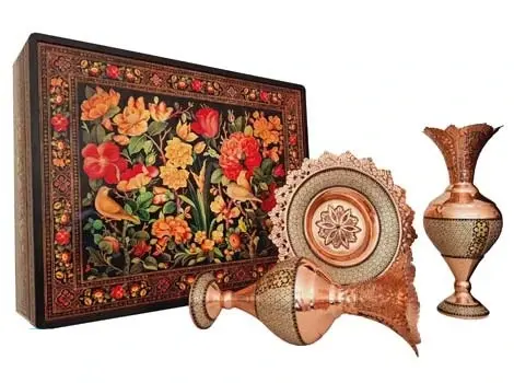 Pair of Persian copper scalloped-edge vases with Khatam marquetry and hand engraving