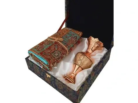 Detailed Persian Khatam Copper Vase on Termeh Cloth