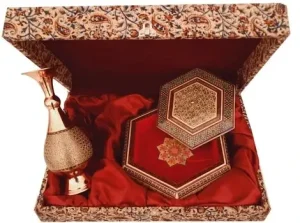 Handcrafted Khatam Wood Candy Dish and Copper Vase Gift Set in Ghalamkar Box