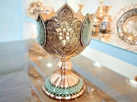 Close-up of Ghalamzani engraved side of Khatam copper Kashkul