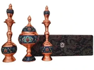 Hand-painted Persian copper decanters and candy dish gift set with decorative box