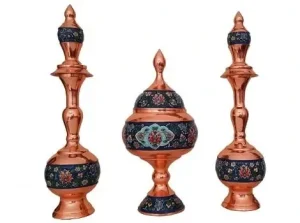 Pair of Persian copper decanters and hand-painted candy dish on white background
