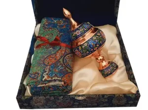Mes Pardaz candy dish resting on Termeh tablecloth inside presentation gift box