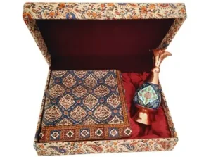 Copper vase and Ghalamkari tablecloth gift set in presentation box