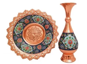 Copper vase and plate in Persian Mes Pardaz painting style – standing side by side