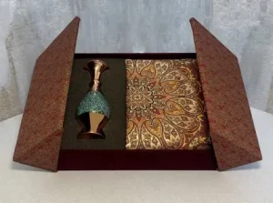 Afshar silk termeh and turquoise inlay vase in Persian velvet gift box